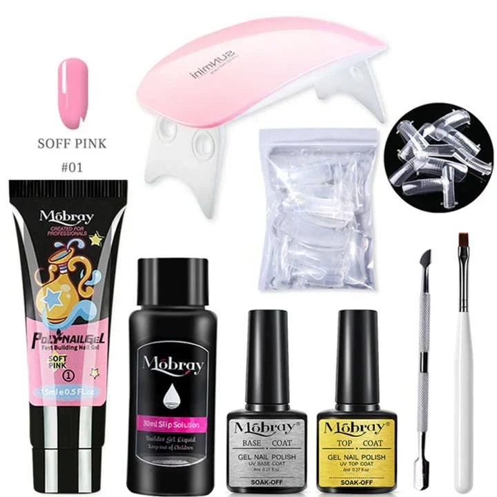 Complete Nude Pink Polygel Nail Kit | 8-Piece Starter Set + UV Lamp