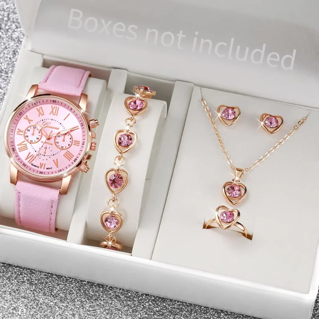 56PCS Fashion Quartz Watch Leather Band with Heart Rhinestone Jewelry Set vioria luxe