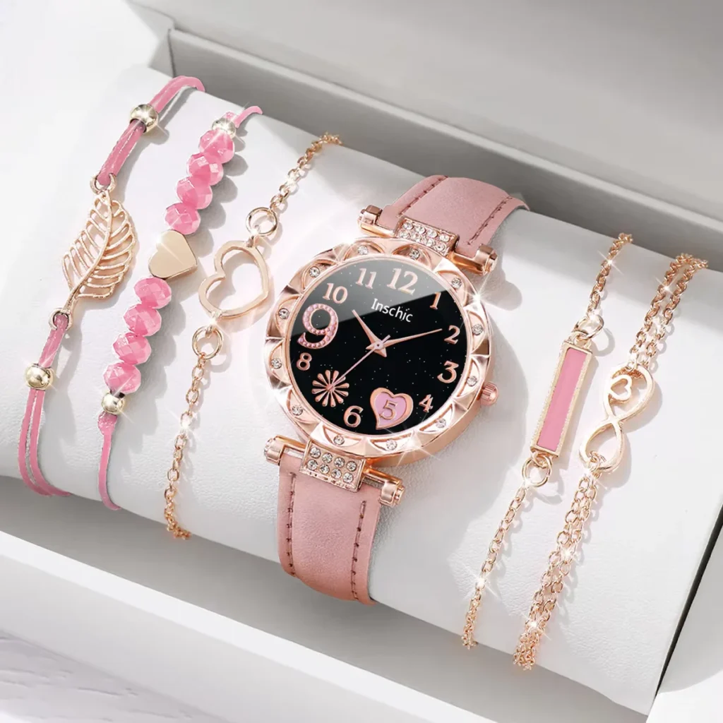 6PCS Fashion Heart Dial Women's Watch Casual Leather Band with Leaf Bracelets vioria luxe