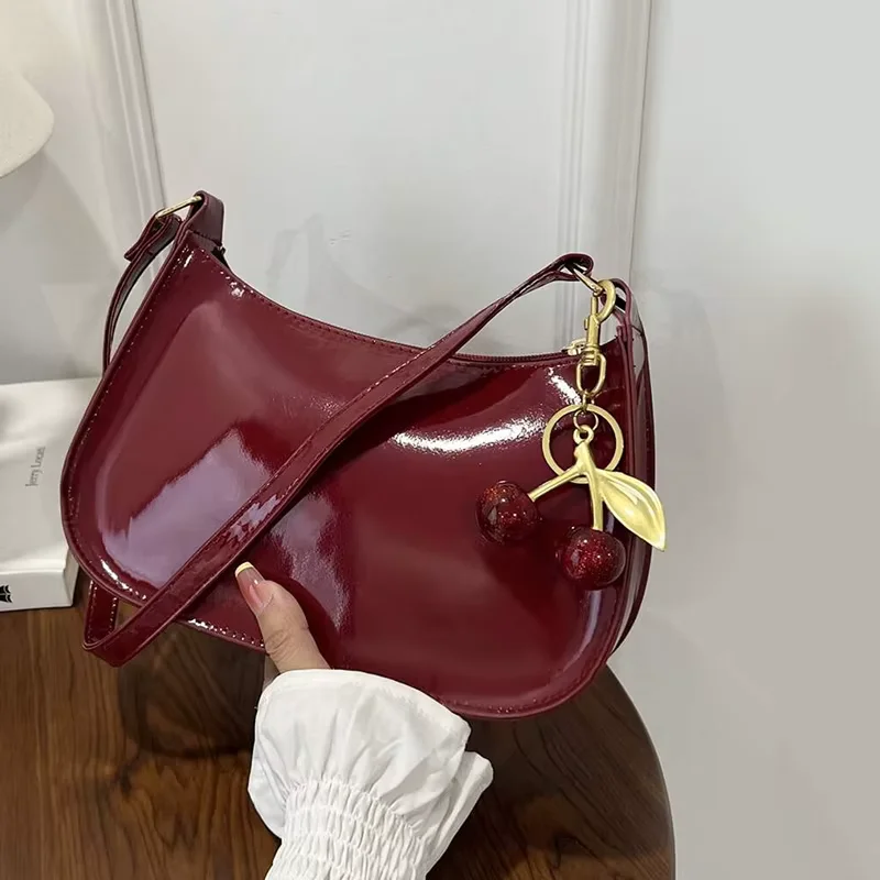 Cherry Pendant Solid Color Underarm Bag